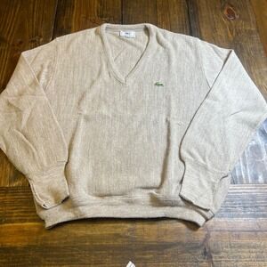 Vintage Izod Lacoste V-Neck Sweater Mens Large Tan Beige Orlon Acrylic USA Made